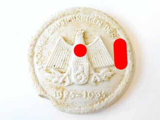 Nicht tragbare Porzellan Plakette "10 Jahre Gau Thüringen der NSDAP 1935" Durchmesser 66mm, beschädigt