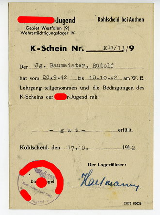 Hitler Jugend Gebiet Westfalen, Kohlscheid bei Aachen, K-Schein datiert 1942
