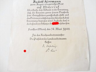 Ernennung zum Beamten auf Lebenszeit datiert 1943, A4, gelocht und Ernennung zum Regierungsinspektor 1942, A3 des selben Mannes