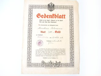 Gedenkblatt der Reichsbanknebenstelle Berlin Schöneberg bzgl. des Umtausches von 200 Goldmark gegen Banknoten vom November 1916