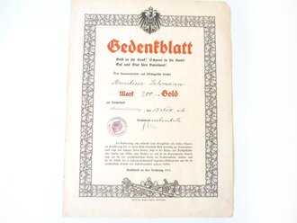 Gedenkblatt der Reichsbanknebenstelle Berlin Schöneberg bzgl. des Umtausches von 200 Goldmark gegen Banknoten vom November 1916