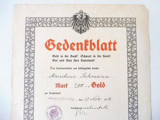 Gedenkblatt der Reichsbanknebenstelle Berlin Schöneberg bzgl. des Umtausches von 200 Goldmark gegen Banknoten vom November 1916