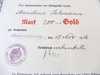 Gedenkblatt der Reichsbanknebenstelle Berlin Schöneberg bzgl. des Umtausches von 200 Goldmark gegen Banknoten vom November 1916