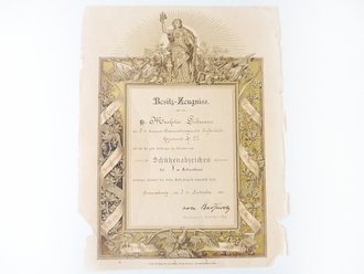 Besitz Zeugniss für den Musketier Giltmann, Angehöriger des I.R. 92 zum Schützenabzeichen der I.Schießklasse datiert 1901. Großformatig