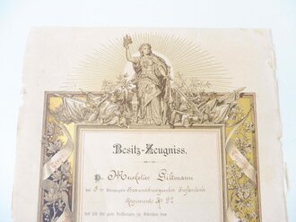 Besitz Zeugniss für den Musketier Giltmann, Angehöriger des I.R. 92 zum Schützenabzeichen der I.Schießklasse datiert 1901. Großformatig