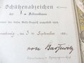 Besitz Zeugniss für den Musketier Giltmann, Angehöriger des I.R. 92 zum Schützenabzeichen der I.Schießklasse datiert 1901. Großformatig