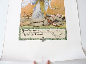 Gedenkblatt mit "Anschreiben" für die Familie eines im August 1916 Gefallenen. Großformat