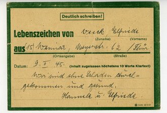 Lebenszeichenkarte grün ( an Feldpostnummer)  aus Weimar