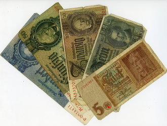 5 Reichsbanknoten, 100, 50, 20, 10 und 5 Reichsmark