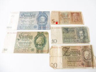 5 Reichsbanknoten, 100, 50, 20, 10 und 5 Reichsmark