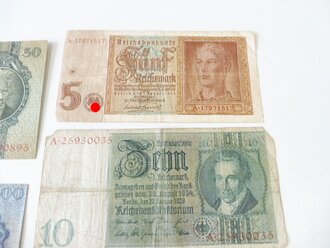 5 Reichsbanknoten,100, 50, 20, 10 und 5 Reichsmark