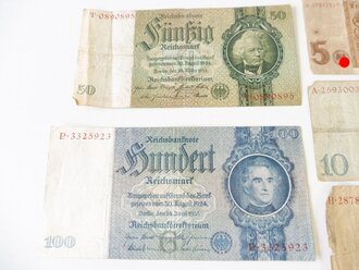 5 Reichsbanknoten,100, 50, 20, 10 und 5 Reichsmark