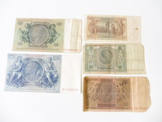 5 Reichsbanknoten,100, 50, 20, 10 und 5 Reichsmark