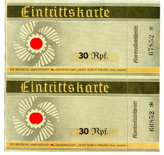 2 Eintrittskarten Deutsche Arbeitsfront "Kraft durch Freude" Gau Baden 14,5 x 14 cm