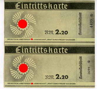2 Eintrittskarten Deutsche Arbeitsfront "Kraft durch Freude" Gau Baden 14,5 x 14 cm
