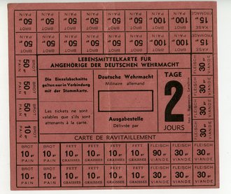 Lebensmittelkarte für Angehörige der deutschen Wehrmacht, 12 x 13,5 cm