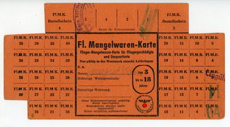 Flieger-Mangelwaren-Karte für Fliegergeschädigte und Umquartierte, ca. 10 x 20 cm