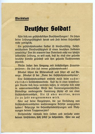 Merkblatt "Deutscher Soldat! hüte dich vor geschlechtlichen Ausschweifungen!" A5