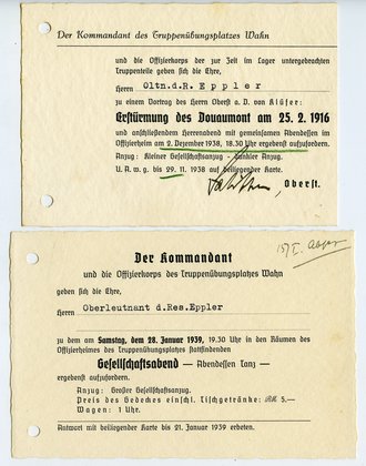 2 Einladungen zu einem Gesellschaftsabend und einem Vortrag mit anschließendem Herrenabend datiert 1938/39, Maße 10x15 cm