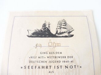 Gausieger Urkunde für den "Hilf mit!"Wettbewerb der Deutschen Jugend 1940-41 " Seefahrt ist not". DIN A4