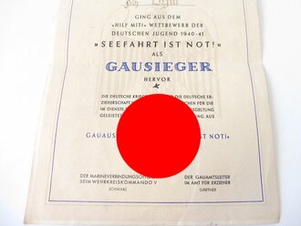 Gausieger Urkunde für den "Hilf mit!"Wettbewerb der Deutschen Jugend 1940-41 " Seefahrt ist not". DIN A4