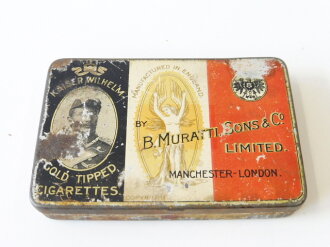 Kaiserreich Cigarettendose Blech " Kaiser Wilhelm Gold tipped Cigarettes" Breite 10,5cm