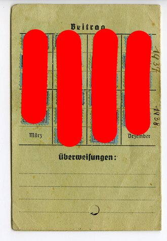 Mitgliedsausweis Deutsches Jungvolk und Vorläufiger Ausweis Hitler Jugend eines Jungen aus Frankfurt/Main, Mitgliedsausweis an der Knickfalte leicht eingerissen