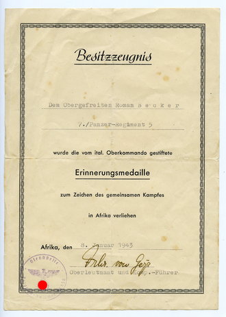 Besitzzeugnis zur Deutsch-Italienischen Erinnerungsmedaille ausgestellt in Afrika, den 8.Januar 1943 für einen Angehörigen im 7./ Panzer Regiment 5.