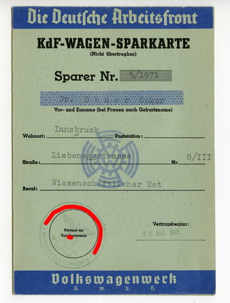 KDF Wagen Sparkarte für einen Herrn aus Innsbruck, ausgestellt 1943