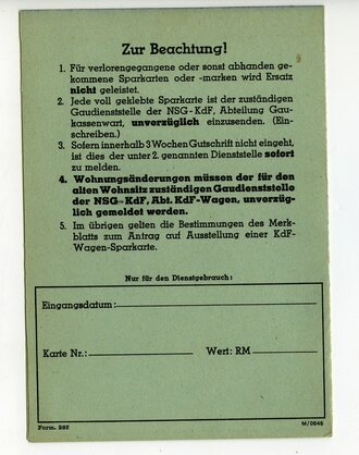 KDF Wagen Sparkarte für einen Herrn aus Innsbruck, ausgestellt 1943