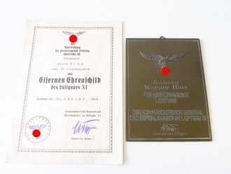 Luftwaffe, Ehrenschild des Luftgaues XI mit Verleihungsurkunde datiert 1944