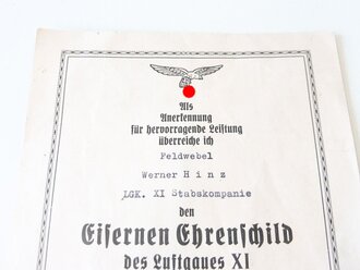 Luftwaffe, Ehrenschild des Luftgaues XI mit Verleihungsurkunde datiert 1944