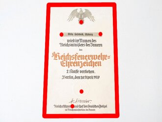 Verleihungsurkunde zum "Reichsfeuerwehr Ehrenzeichen...
