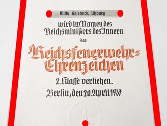 Verleihungsurkunde zum "Reichsfeuerwehr Ehrenzeichen 2.Klasse" Großformatiger Vordruck des Reichsführer SS und Chef der Deutschen Polizei Heinrich Himmler ( Gedruckte Unterschrift ) Relativ dickes Papier mit oberflächlichen Fraßspuren