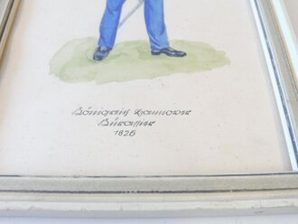 Königreich Hannover, 3 uniformkundliche Darstellungen 1820-30. Handcoloriert, original gerahmt, Maße je 15 x 27cm