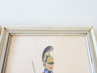 Königreich Hannover, 3 uniformkundliche Darstellungen 1820-30. Handcoloriert, original gerahmt, Maße je 15 x 27cm