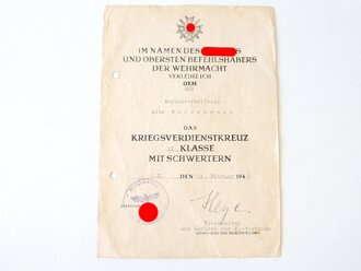 Verleihungsurkunde zum KVK. 2.Klasse 1939 für eine...