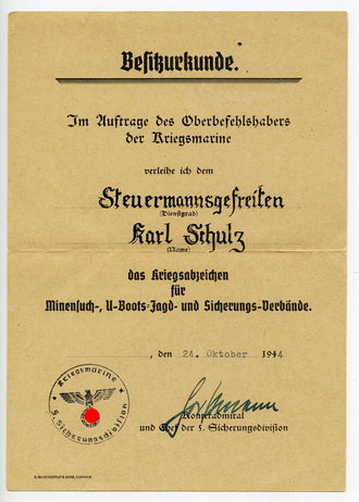 Besitzurkunde zum Kriegsabzeichen für Minensuch-,...