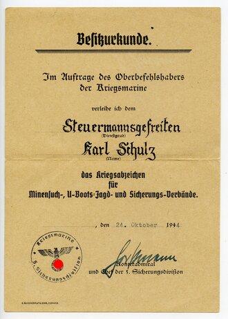 Besitzurkunde zum Kriegsabzeichen für Minensuch-, U-Boots-Jagd und Sicherungs-Verbände datiert 1944