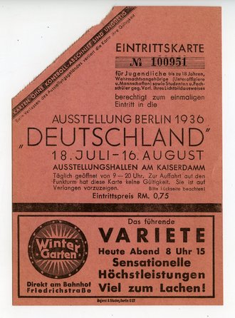 Eintrittskarte für die Ausstellung Berlin 1936 "Deutschland" 