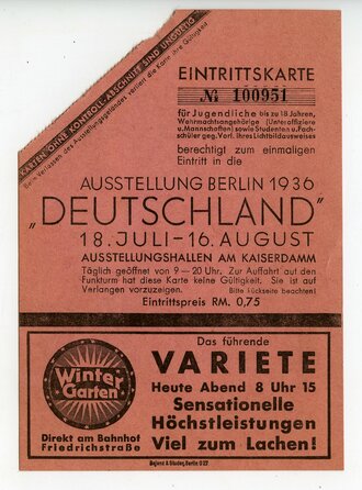 Eintrittskarte für die Ausstellung Berlin 1936...