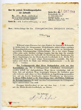 Luftwaffe, Brief über die Bewilligung der "Afrika Zulage", datiert 1944