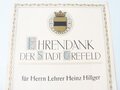 Dankesurkunde der Stadt Crefeld für selbstlose Arbeit, etwas über A4, datiert 1919