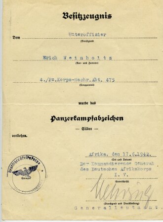 Afrikakorps, Papiernachlass eines Angehörigen 4./ Panzer Korps Nachrichten Abteilung 475.