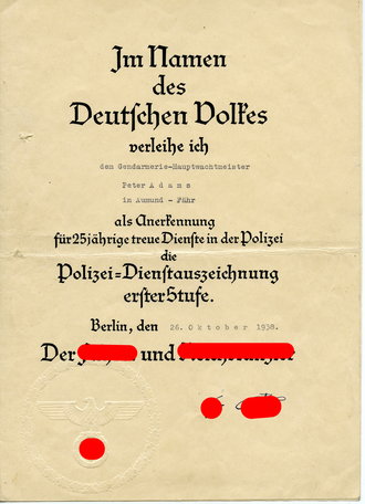 Verleihungsurkunde zur Polizei Dienstauszeichnung erste Stufe für 25 Jahre, ausgestellt 1938 an einen Gendarmerie Hauptwachtmeister in Aumund - Fähr