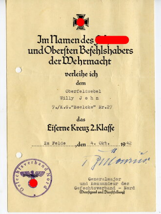 Luftwaffe, Verleihungsurkunden eines Angehörigen Kampfgeschwader Boelcke Nr.27 bestehend aus :