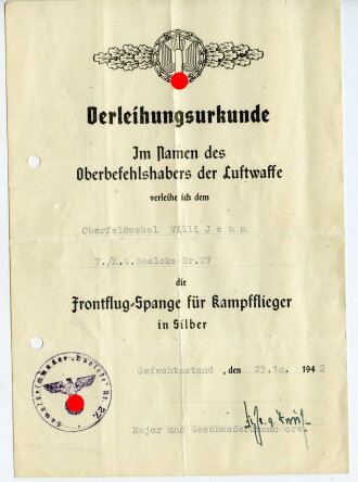 Luftwaffe, Verleihungsurkunden eines Angehörigen Kampfgeschwader Boelcke Nr.27 bestehend aus :
