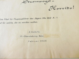 "Sturmvogel Horrido !" Eine Fibel für Flugzeugführer des Jägers Me 262 A-1 datiert Februar 1945. 58 Seiten, einige handschriftliche Vermerke. Rarität