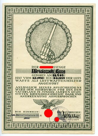 Hitlerjugend Anerkennungsurkunde anlässlich des Ausscheidens als Luftwaffenhelfer für einen Hitlerjungen bei der Heimatflakbatterie 52 Jever