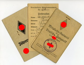 Hitlerjugend Gebiet 7 Nordsee, Vorläufiger Mitgliedsausweis, Mitgliedsausweis Deutsches Jungvolk und Führerausweis der Hitler Jugend eines Jungen aus Bremen